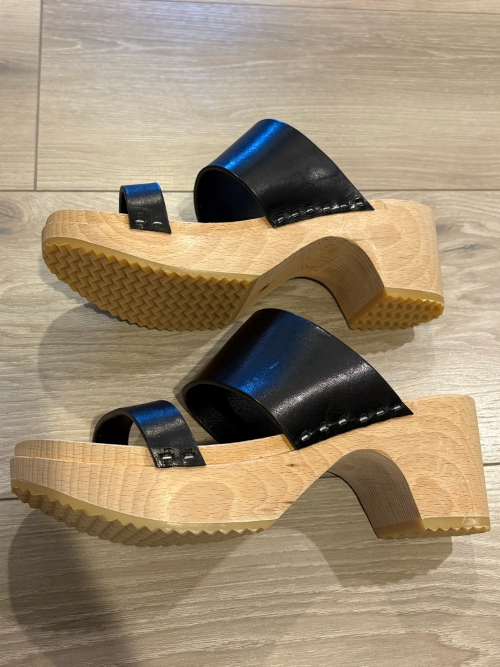 Anthropologie Black Leather Two-Band Wooden Clog Sandals - Picture 6 of 10
